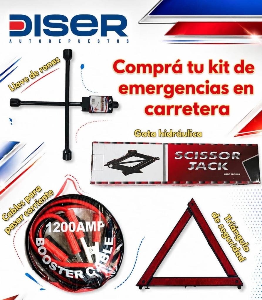 KIT DE ASISTENCIA / LLAVE RANA, GATA, TRIANGULOS, CABLES PUENTEAR
